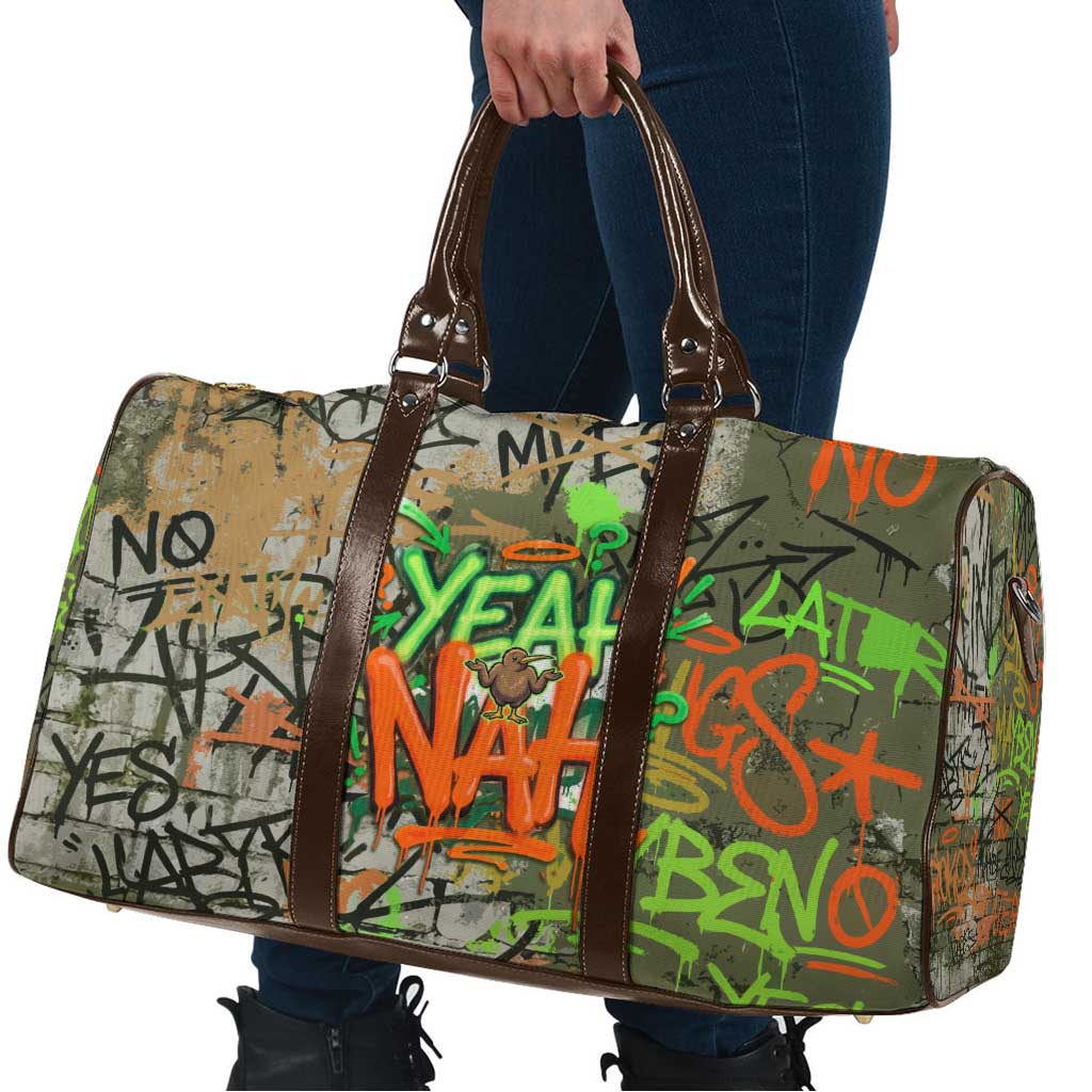 Yeah Nah Graffiti Skull New Zealand Slang Travel Bag Kiwi Grunge Brick Wall and Bold Urban Street Art