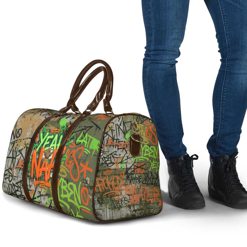 Yeah Nah Graffiti Skull New Zealand Slang Travel Bag Kiwi Grunge Brick Wall and Bold Urban Street Art