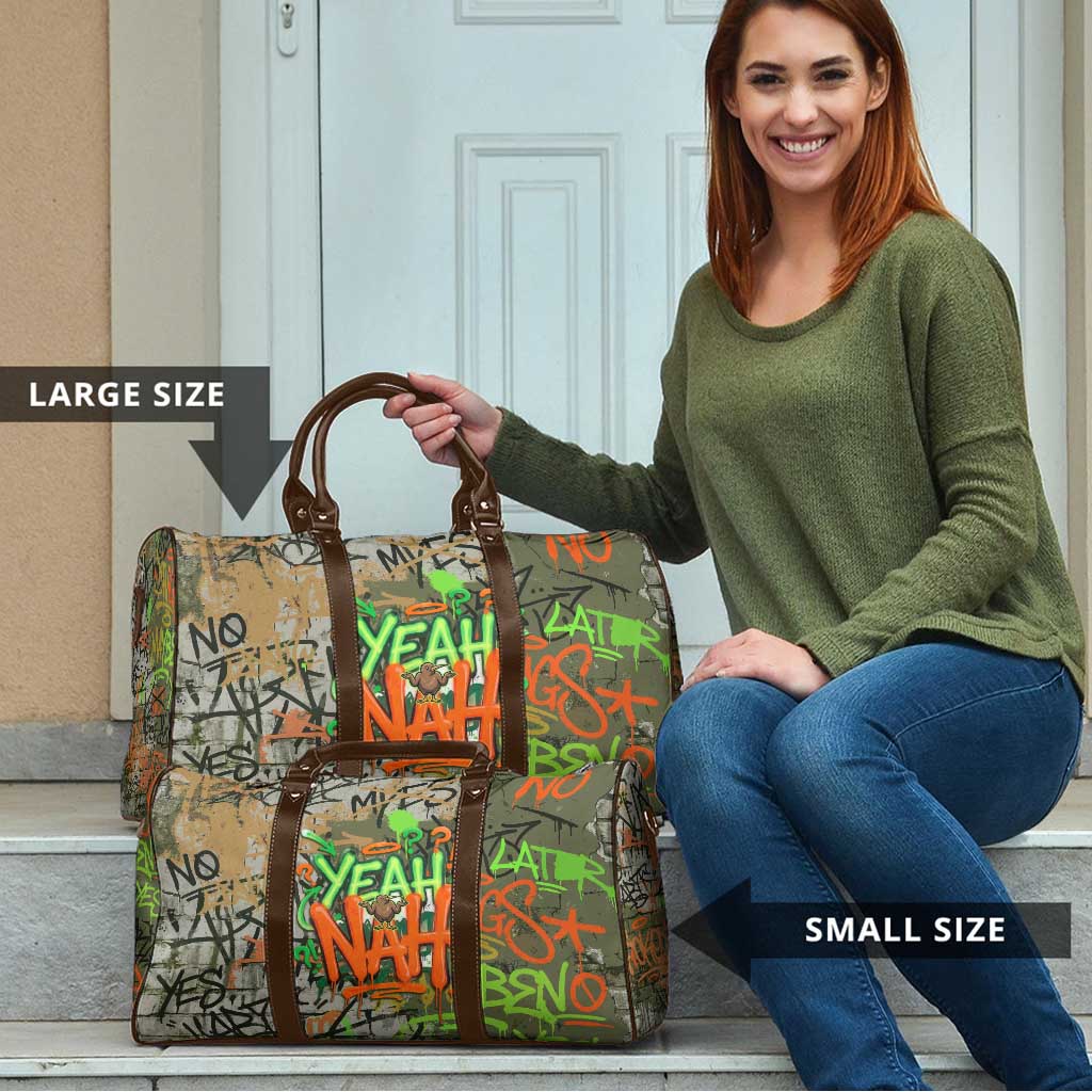 Yeah Nah Graffiti Skull New Zealand Slang Travel Bag Kiwi Grunge Brick Wall and Bold Urban Street Art