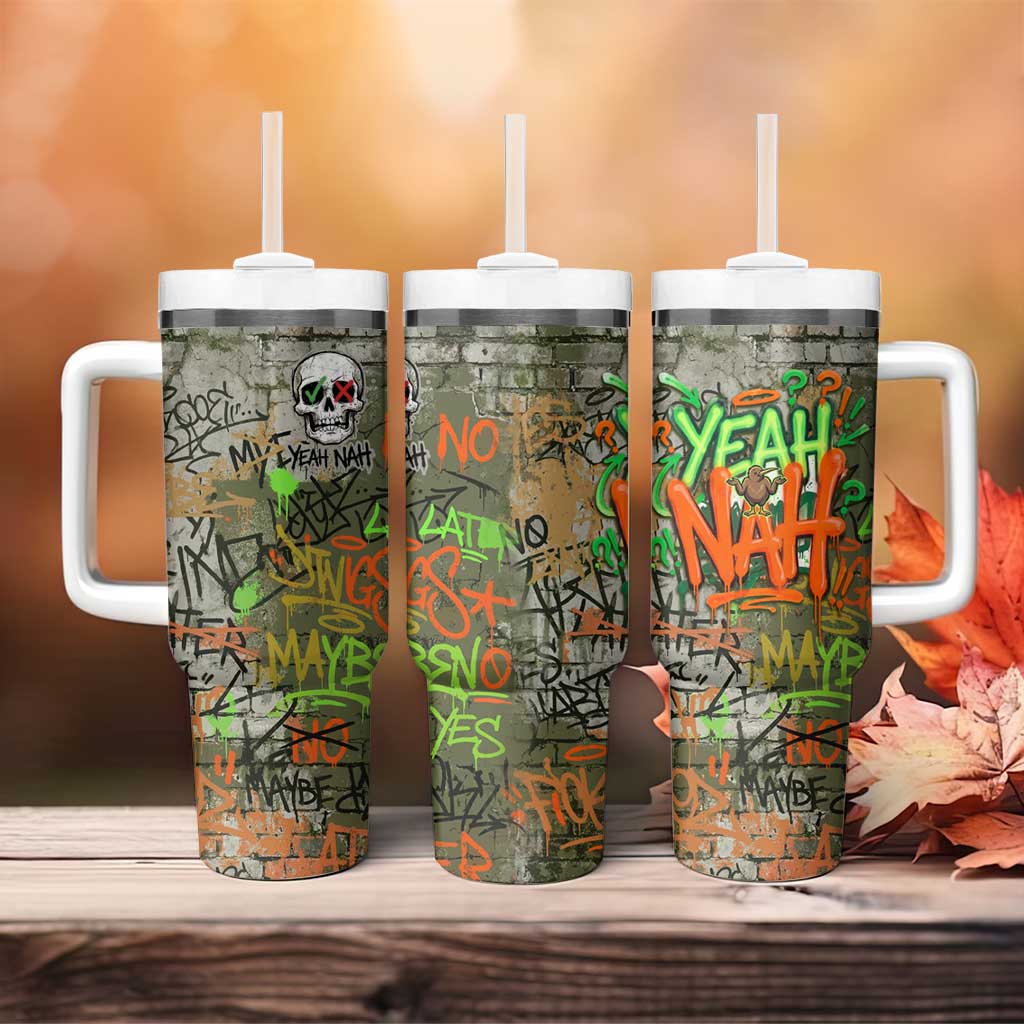 Yeah Nah Graffiti Skull New Zealand Slang Tumbler With Handle Kiwi Grunge Brick Wall and Bold Urban Street Art