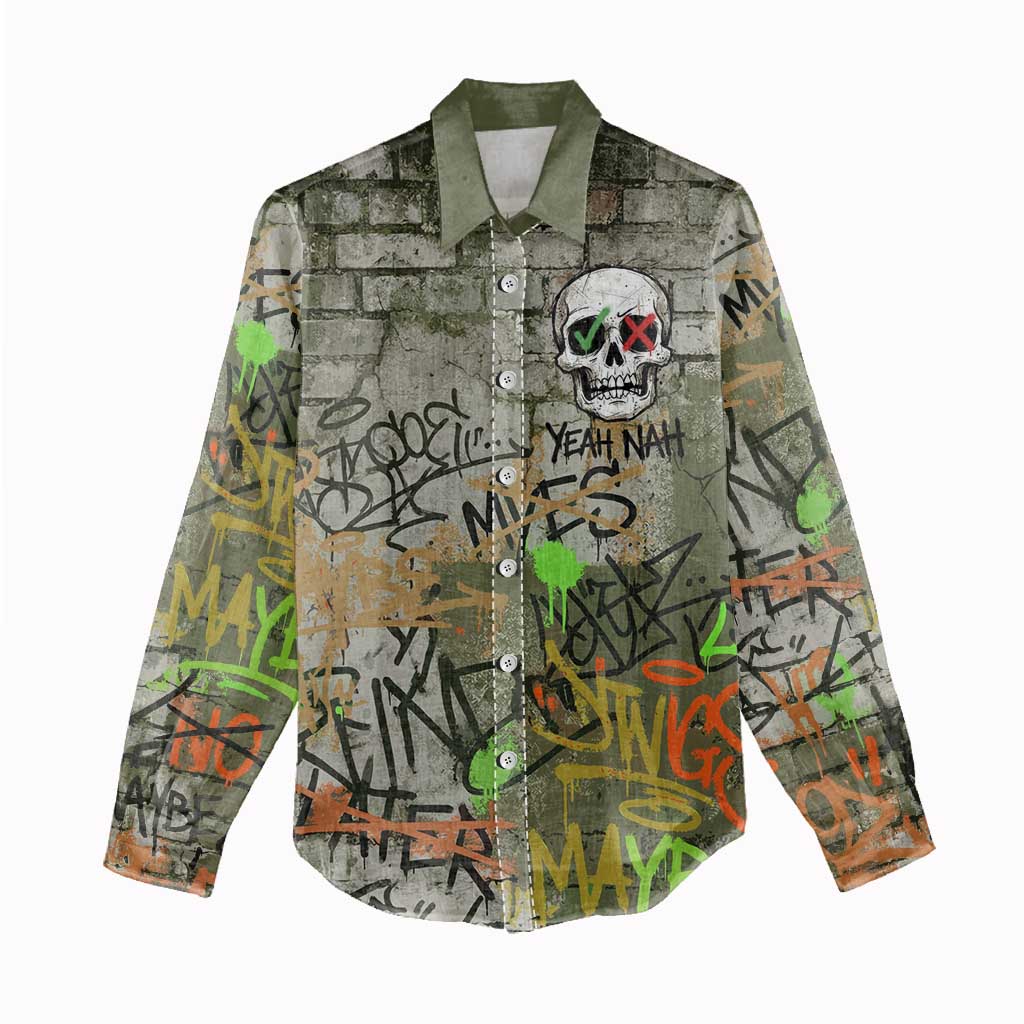 Yeah Nah Graffiti Skull New Zealand Slang Women Casual Shirt Kiwi Grunge Brick Wall and Bold Urban Street Art