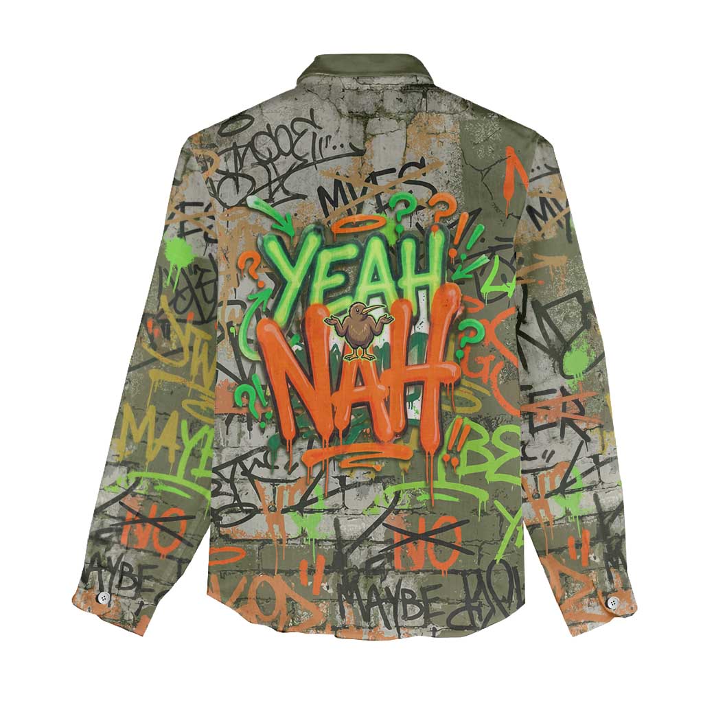Yeah Nah Graffiti Skull New Zealand Slang Women Casual Shirt Kiwi Grunge Brick Wall and Bold Urban Street Art