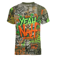 Yeah Nah Graffiti Skull New Zealand Slang Women V-Neck T-Shirt Kiwi Grunge Brick Wall and Bold Urban Street Art