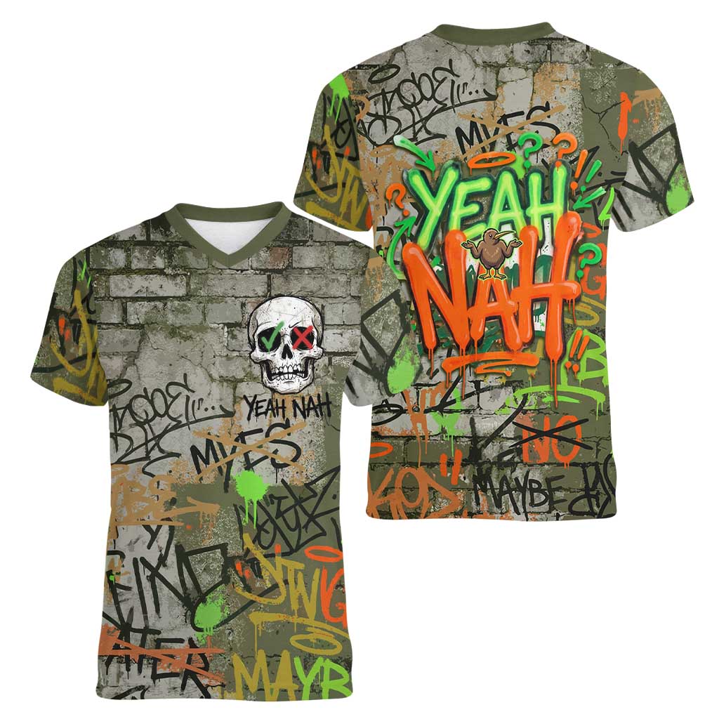 Yeah Nah Graffiti Skull New Zealand Slang Women V-Neck T-Shirt Kiwi Grunge Brick Wall and Bold Urban Street Art