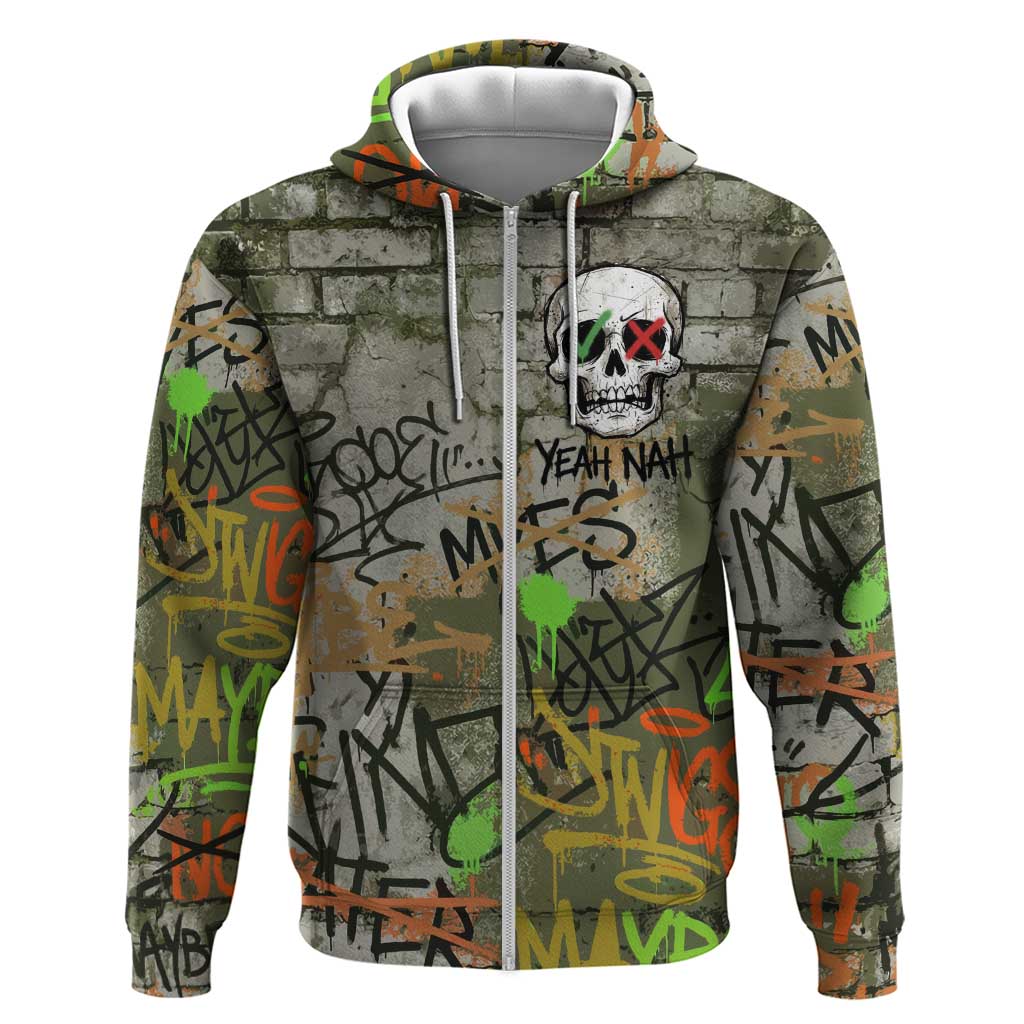 Yeah Nah Graffiti Skull New Zealand Slang Zip Hoodie Kiwi Grunge Brick Wall and Bold Urban Street Art TS04 Zip Hoodie Multicolor - Polynesian Pride