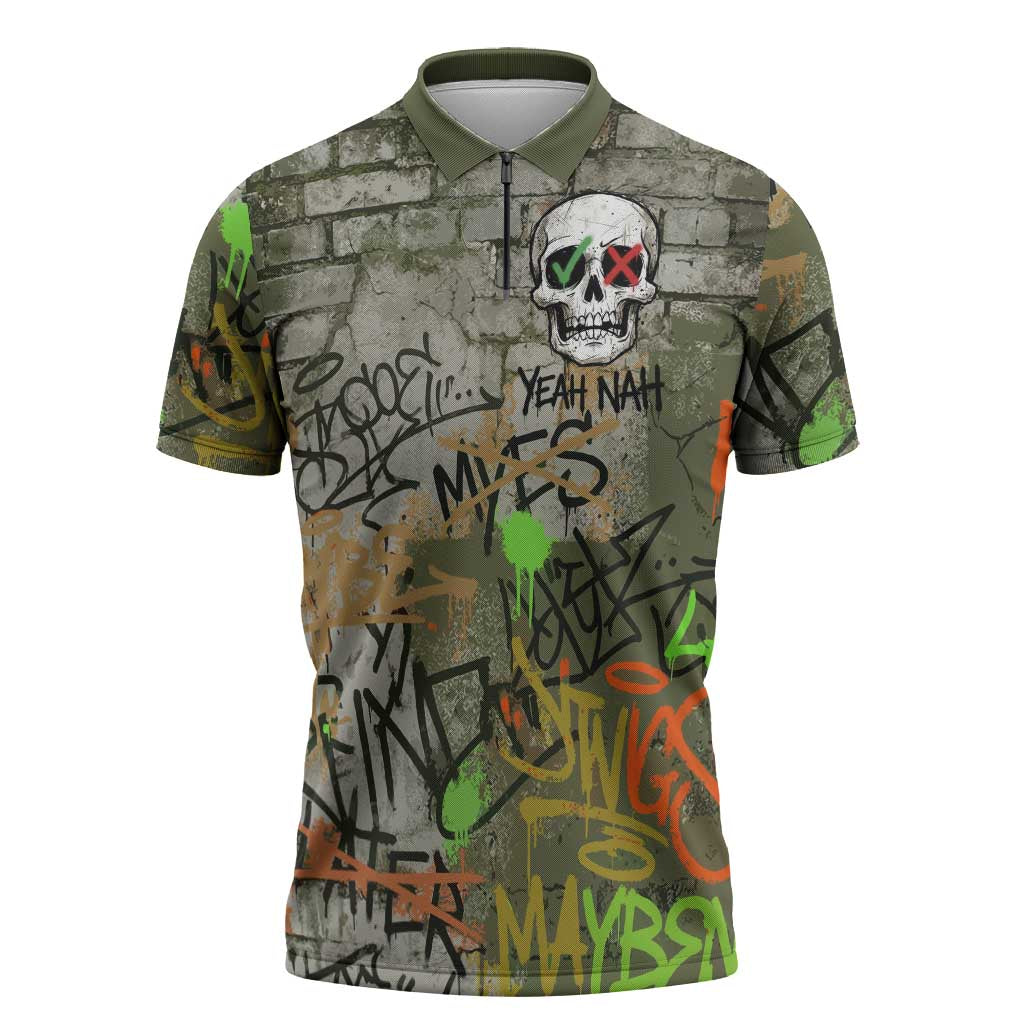 Yeah Nah Graffiti Skull New Zealand Slang Zipper Polo Shirt Kiwi Grunge Brick Wall and Bold Urban Street Art