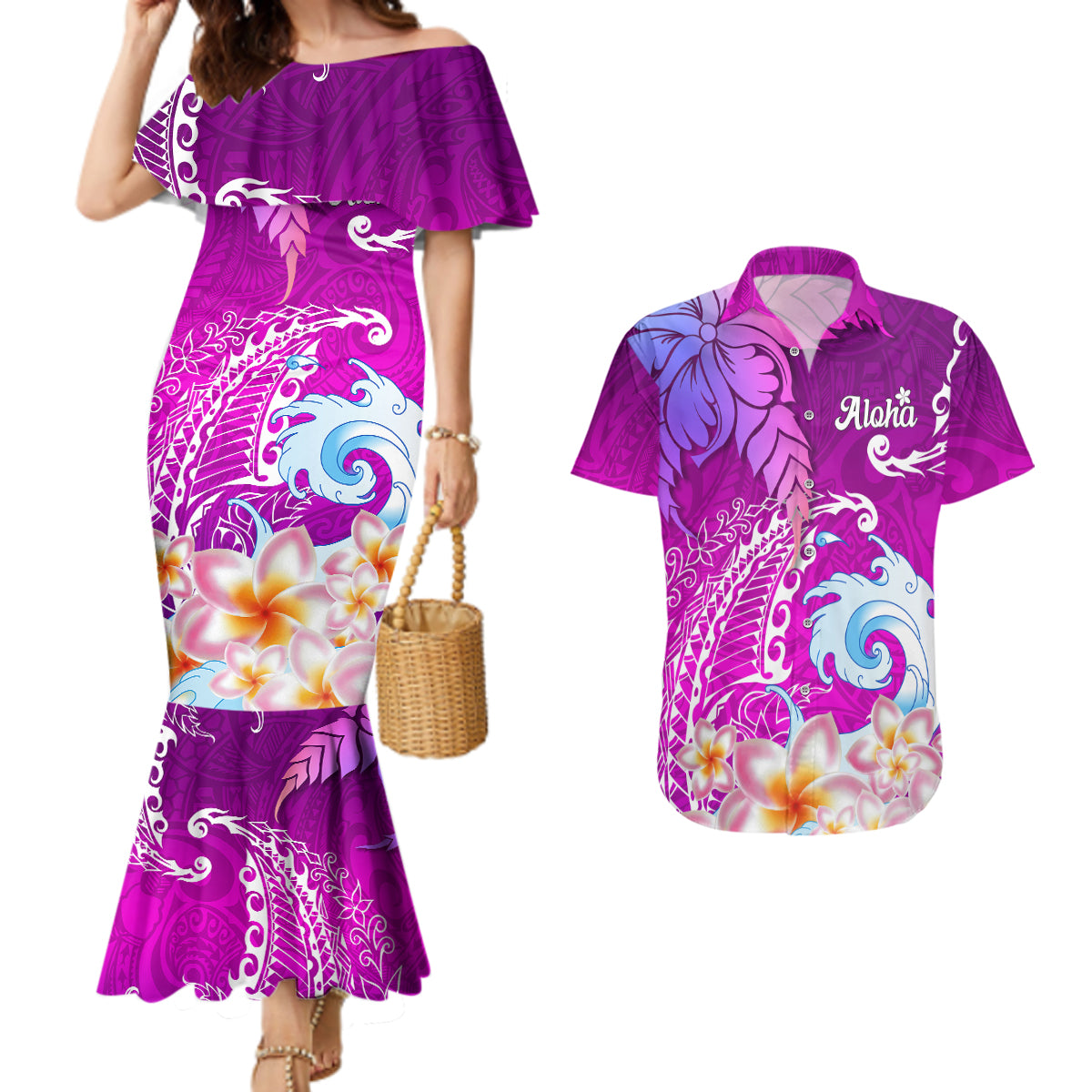 Hawaii Plumeria Flower Couples Matching Mermaid Dress and Hawaiian Shirt Plumeria FLowers And Polynesian Pattern TS04 Gradient - Polynesian Pride