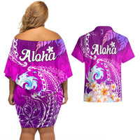 Hawaii Plumeria Flower Couples Matching Off Shoulder Short Dress and Hawaiian Shirt Plumeria FLowers And Polynesian Pattern TS04 - Polynesian Pride