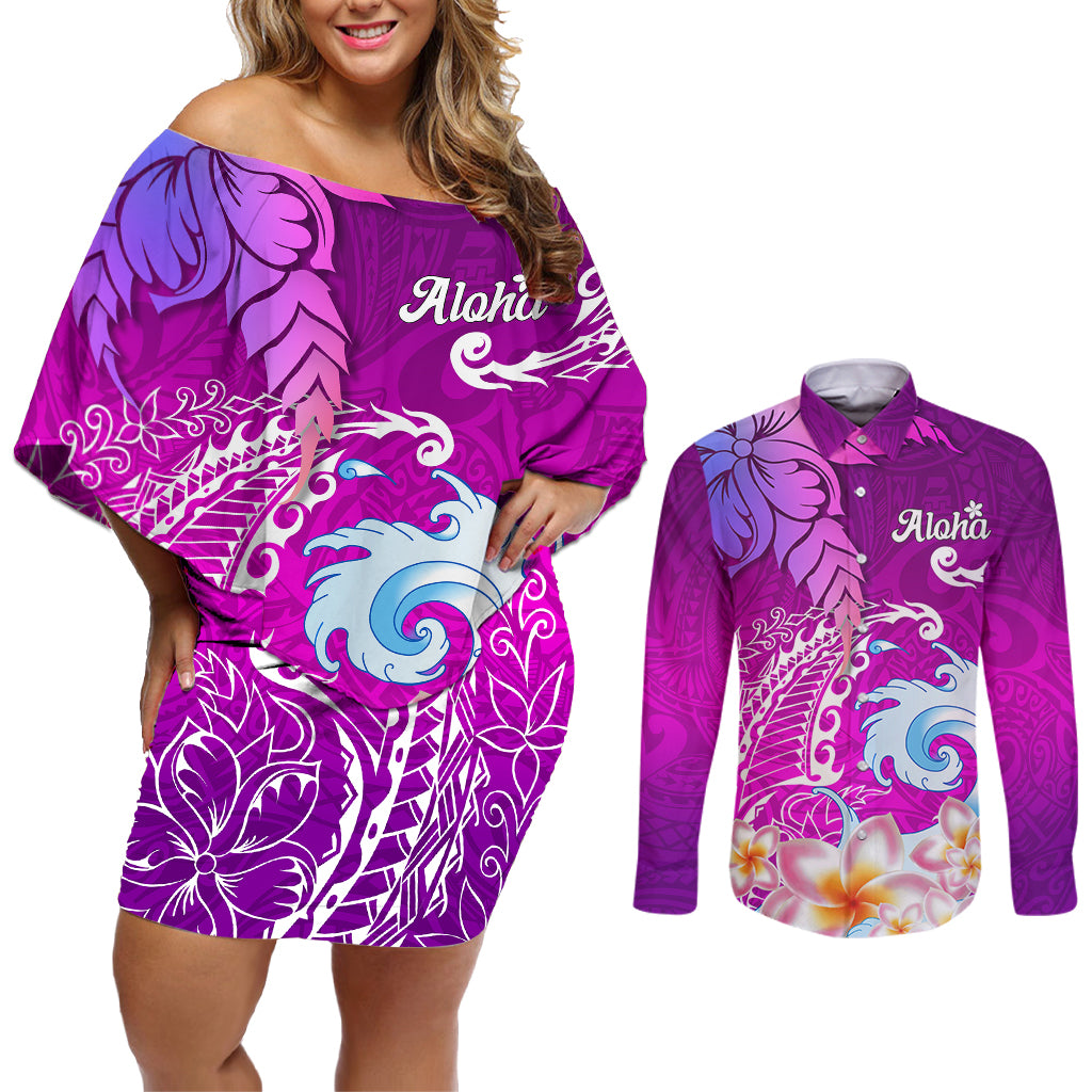 Hawaii Plumeria Flower Couples Matching Off Shoulder Short Dress and Long Sleeve Button Shirts Plumeria FLowers And Polynesian Pattern TS04 Gradient - Polynesian Pride