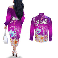 Hawaii Plumeria Flower Couples Matching Off The Shoulder Long Sleeve Dress and Long Sleeve Button Shirts Plumeria FLowers And Polynesian Pattern TS04 - Polynesian Pride