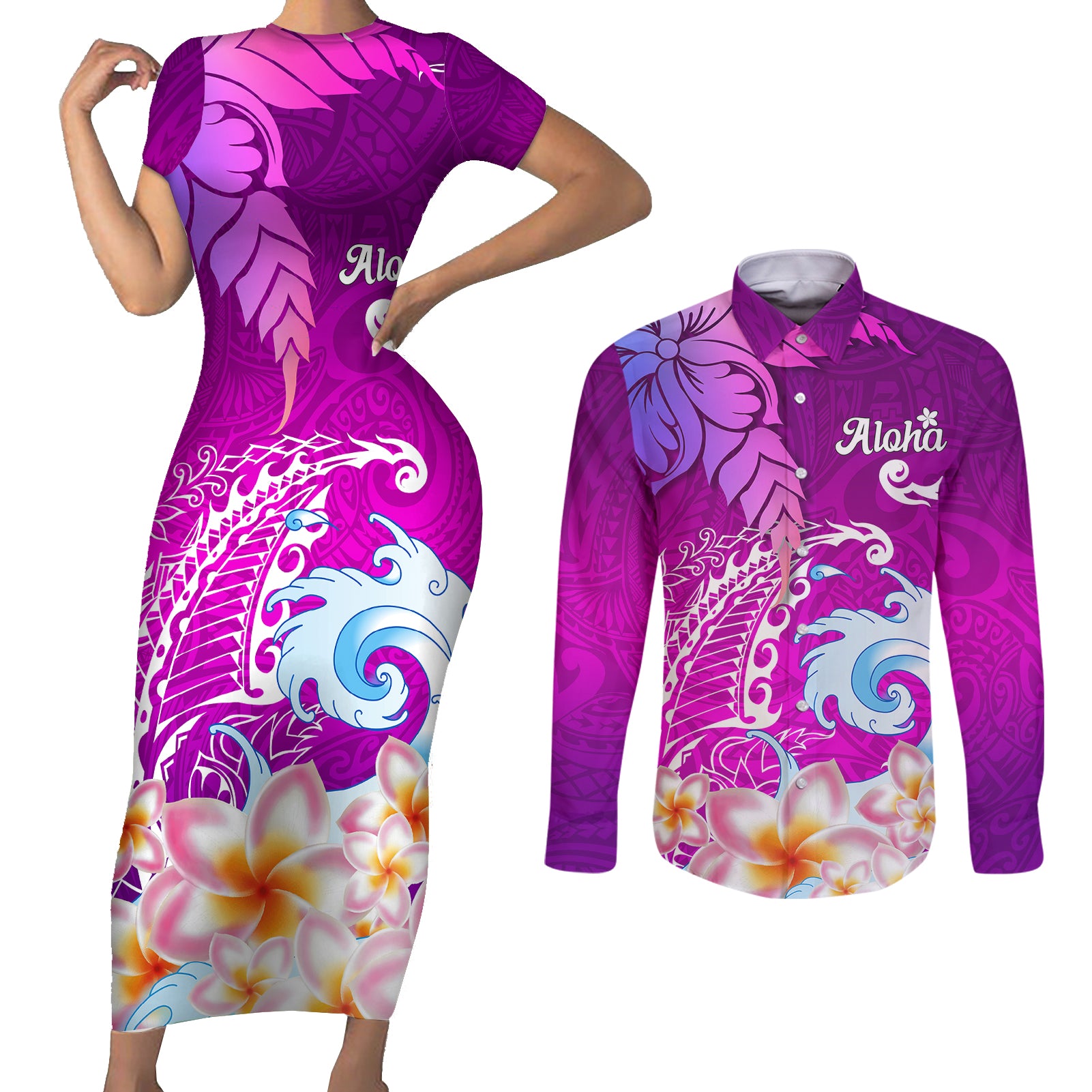 Hawaii Plumeria Flower Couples Matching Short Sleeve Bodycon Dress and Long Sleeve Button Shirts Plumeria FLowers And Polynesian Pattern TS04 Gradient - Polynesian Pride