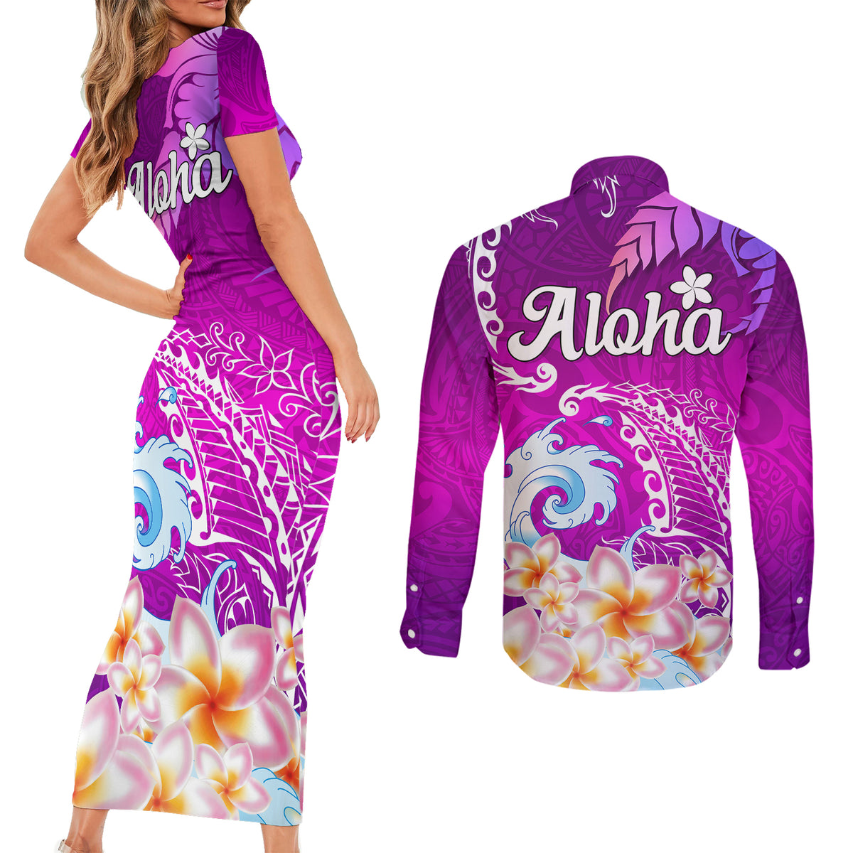 Hawaii Plumeria Flower Couples Matching Short Sleeve Bodycon Dress and Long Sleeve Button Shirts Plumeria FLowers And Polynesian Pattern TS04 - Polynesian Pride