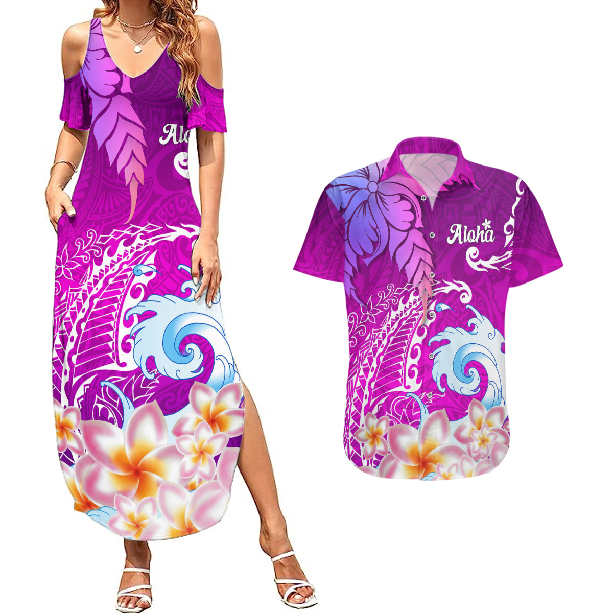 Hawaii Plumeria Flower Couples Matching Summer Maxi Dress and Hawaiian Shirt Plumeria FLowers And Polynesian Pattern TS04 Gradient - Polynesian Pride