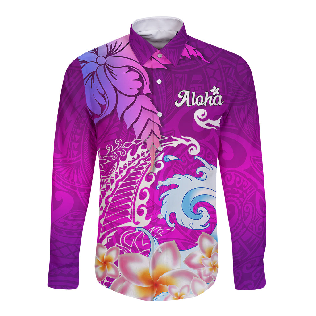 Hawaii Plumeria Flower Long Sleeve Button Shirt Plumeria FLowers And Polynesian Pattern TS04 Unisex Gradient - Polynesian Pride