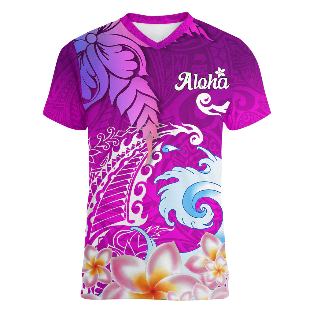 Hawaii Plumeria Flower Women V Neck T Shirt Plumeria FLowers And Polynesian Pattern TS04 Female Gradient - Polynesian Pride