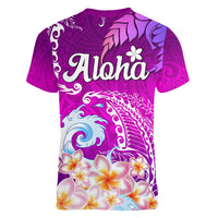 Hawaii Plumeria Flower Women V Neck T Shirt Plumeria FLowers And Polynesian Pattern TS04 - Polynesian Pride