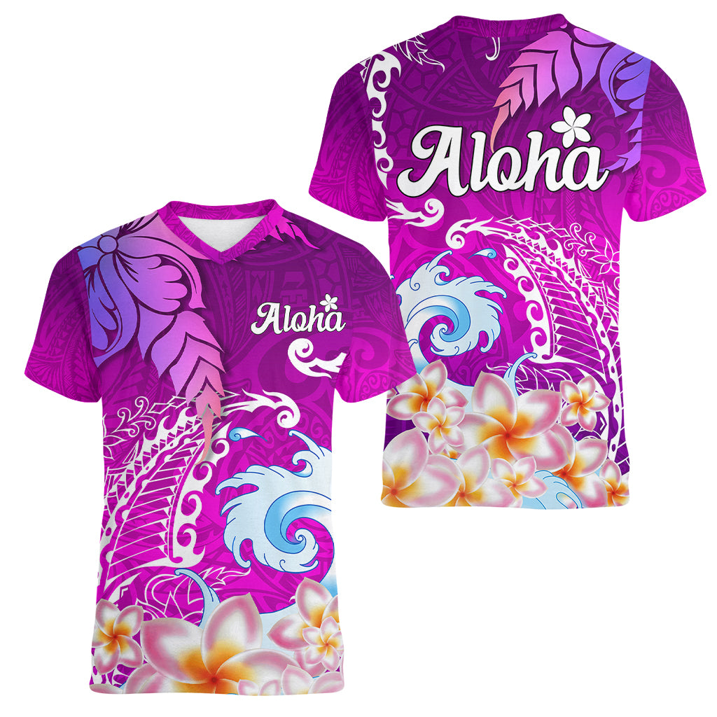 Hawaii Plumeria Flower Women V Neck T Shirt Plumeria FLowers And Polynesian Pattern TS04 - Polynesian Pride