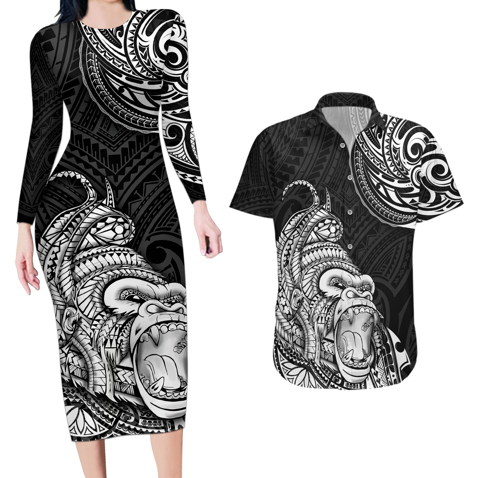 Hawaii Polynesian Couples Matching Long Sleeve Bodycon Dress and Hawaiian Shirt Gorila Tatoo Polynesian Style TS04 Black - Polynesian Pride