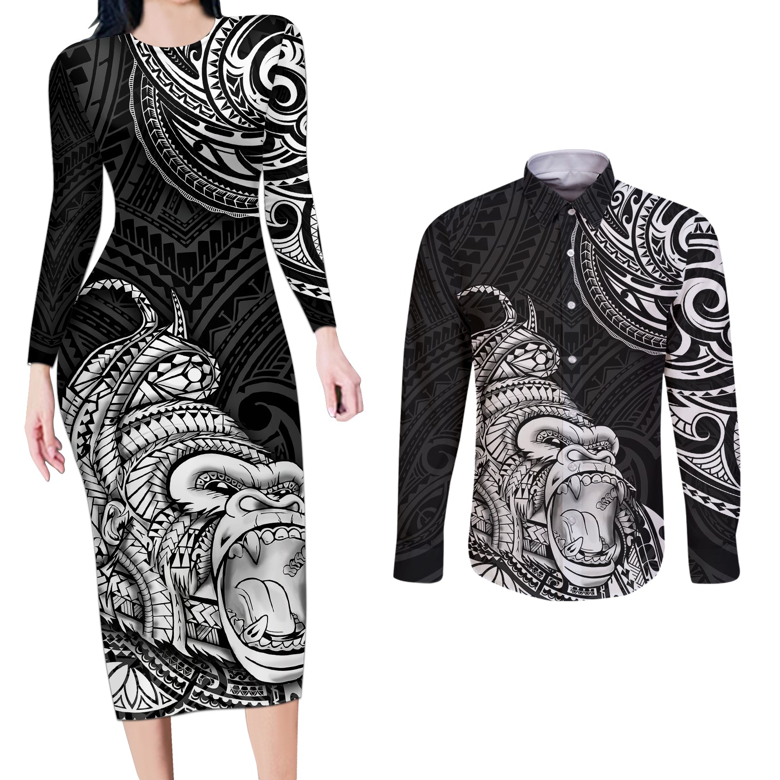 Hawaii Polynesian Couples Matching Long Sleeve Bodycon Dress and Long Sleeve Button Shirts Gorila Tatoo Polynesian Style TS04 Black - Polynesian Pride