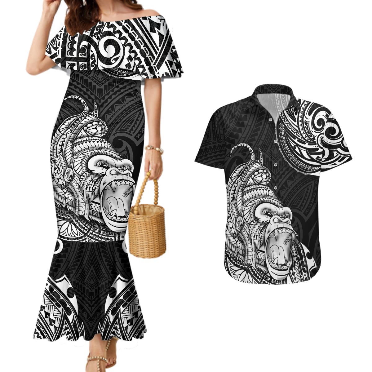 Hawaii Polynesian Couples Matching Mermaid Dress and Hawaiian Shirt Gorila Tatoo Polynesian Style TS04 Black - Polynesian Pride