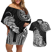 Hawaii Polynesian Couples Matching Off Shoulder Short Dress and Hawaiian Shirt Gorila Tatoo Polynesian Style TS04 Black - Polynesian Pride