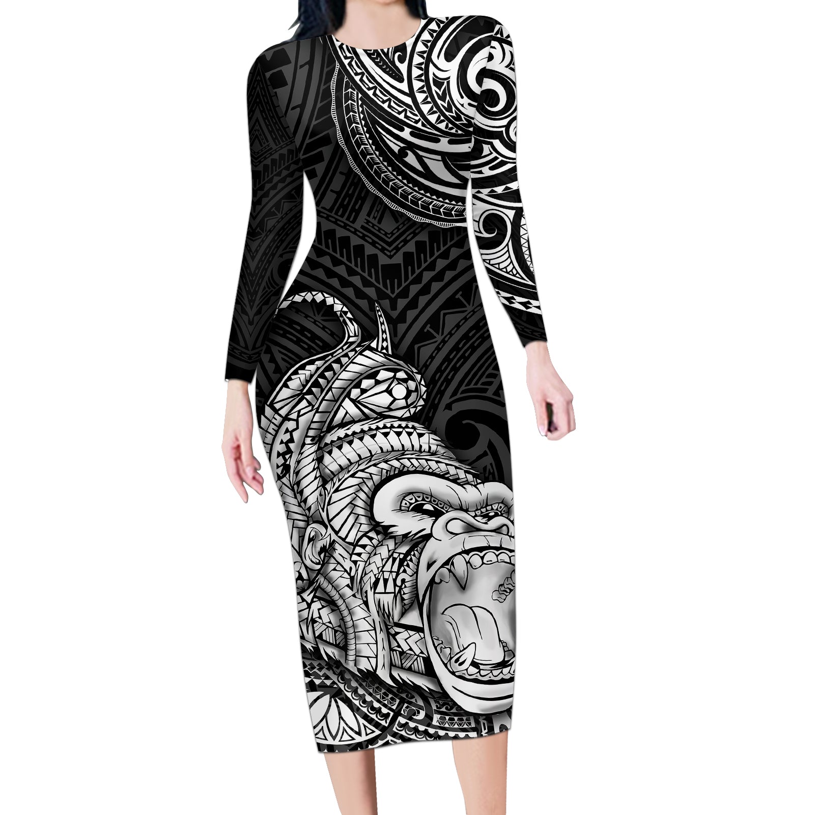 Hawaii Polynesian Long Sleeve Bodycon Dress Gorila Tatoo Polynesian Style TS04 Long Dress Black - Polynesian Pride