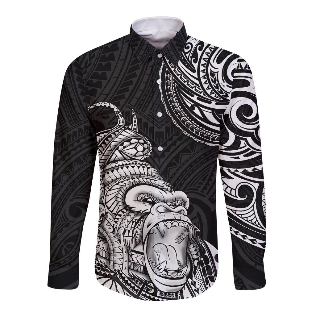 Hawaii Polynesian Long Sleeve Button Shirt Gorila Tatoo Polynesian Style TS04 Unisex Black - Polynesian Pride