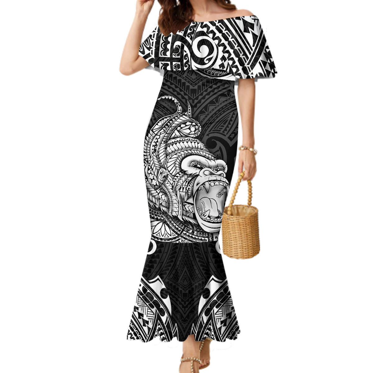 Hawaii Polynesian Mermaid Dress Gorila Tatoo Polynesian Style TS04 Women Black - Polynesian Pride