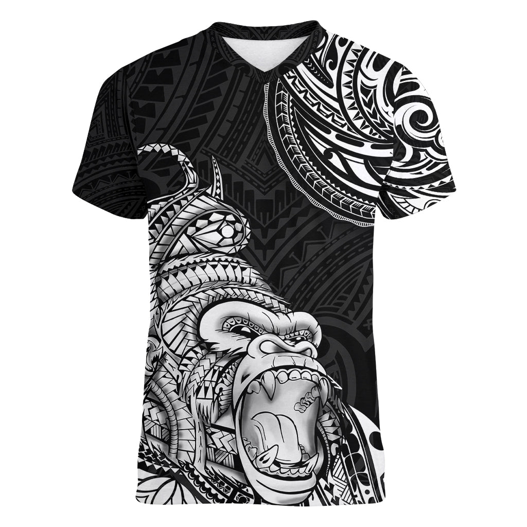 Hawaii Polynesian Women V Neck T Shirt Gorila Tatoo Polynesian Style TS04 Female Black - Polynesian Pride