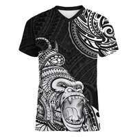 Hawaii Polynesian Women V Neck T Shirt Gorila Tatoo Polynesian Style TS04 Female Black - Polynesian Pride