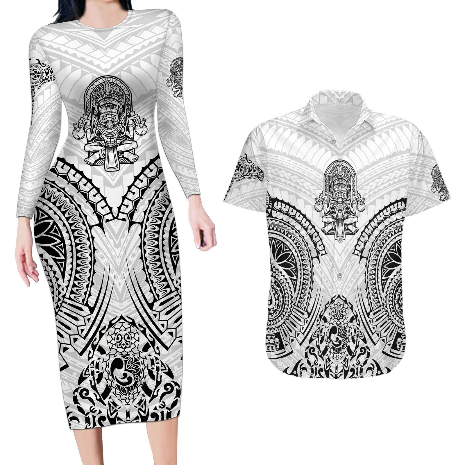 Hawaii Polynesian Couples Matching Long Sleeve Bodycon Dress and Hawaiian Shirt Warrior symbol TS04 White - Polynesian Pride