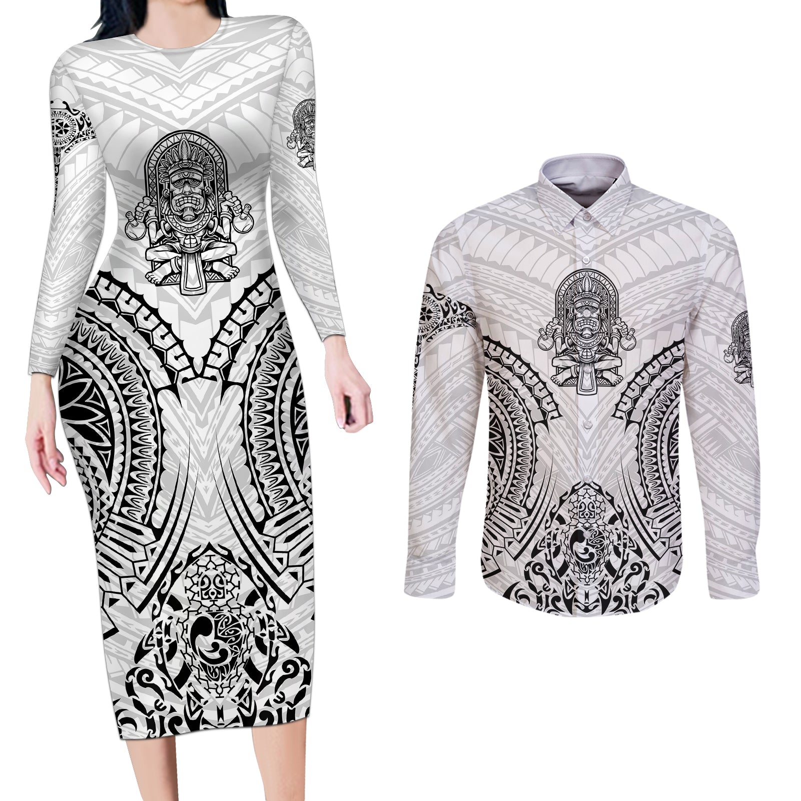 Hawaii Polynesian Couples Matching Long Sleeve Bodycon Dress and Long Sleeve Button Shirts Warrior symbol TS04 White - Polynesian Pride