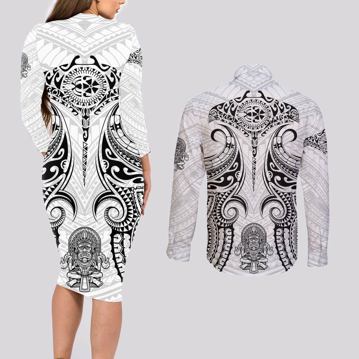 Hawaii Polynesian Couples Matching Long Sleeve Bodycon Dress and Long Sleeve Button Shirts Warrior symbol TS04 - Polynesian Pride