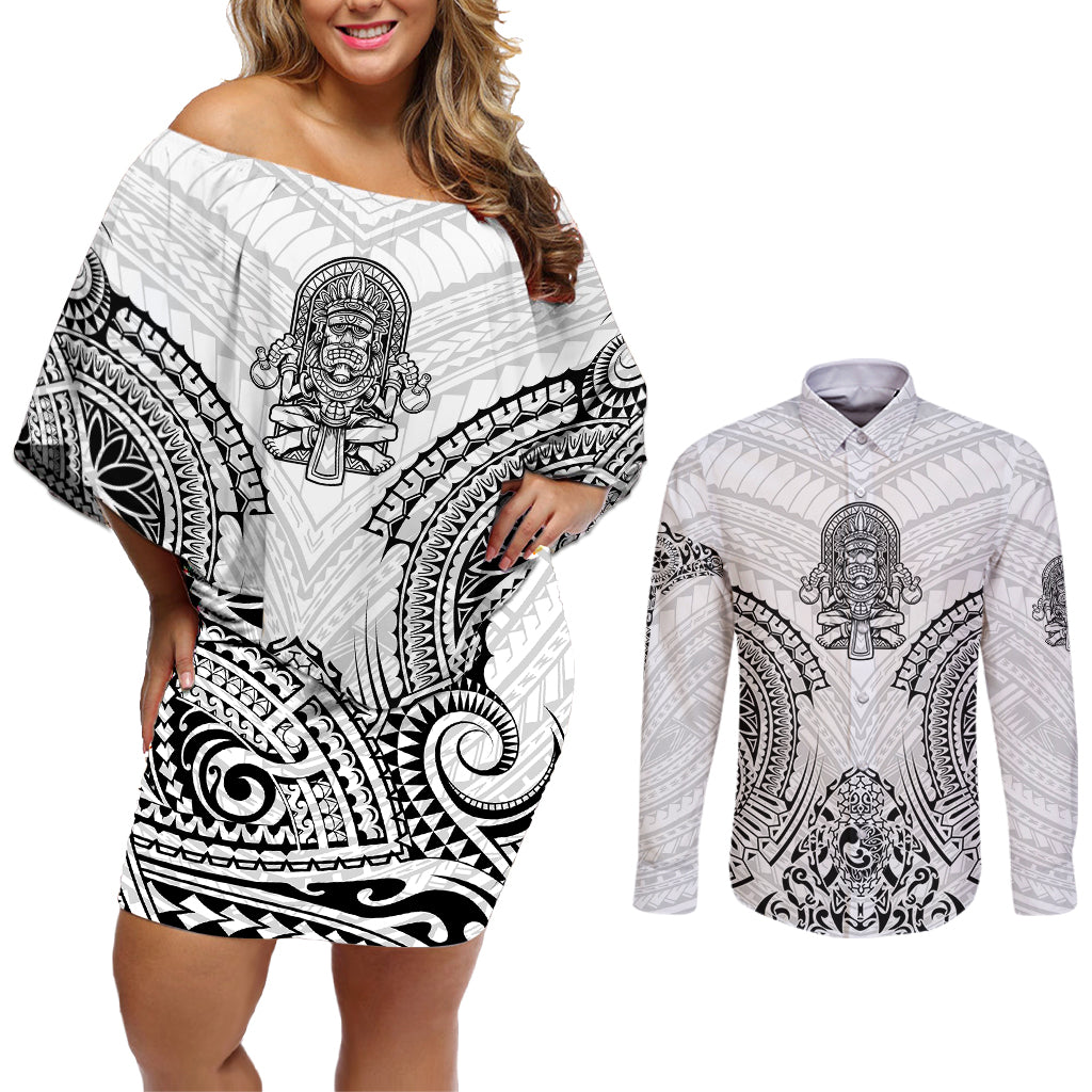Hawaii Polynesian Couples Matching Off Shoulder Short Dress and Long Sleeve Button Shirts Warrior symbol TS04 White - Polynesian Pride