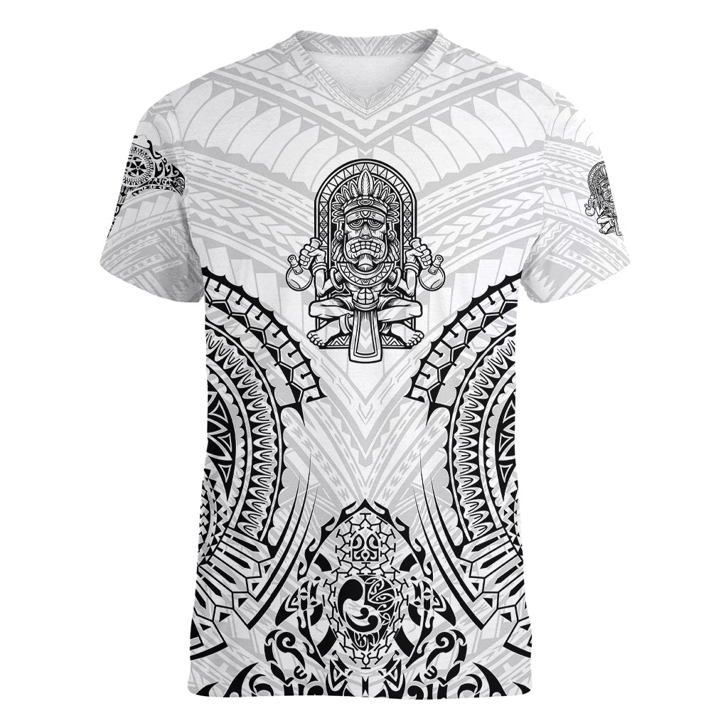 Hawaii Polynesian Women V Neck T Shirt Warrior symbol TS04 Female White - Polynesian Pride