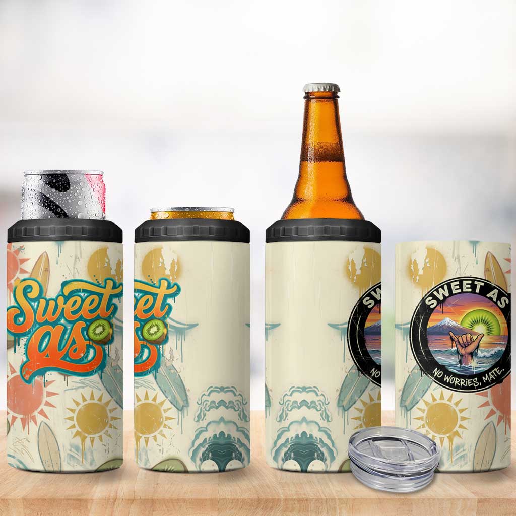 NZ Slang Sweet As Kiwi Shaka Sign 4 in 1 Can Cooler Tumbler New Zealand Surfboards Sun and Tropical Beach Retro