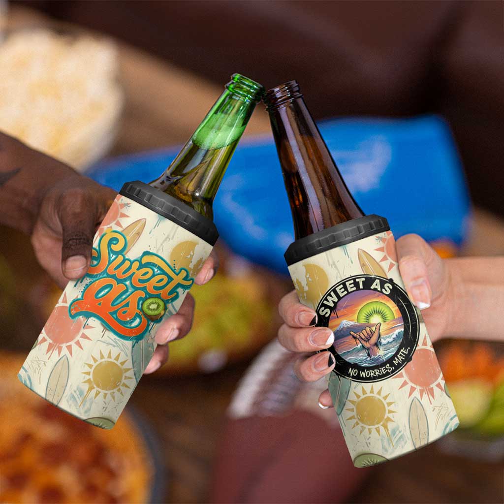 NZ Slang Sweet As Kiwi Shaka Sign 4 in 1 Can Cooler Tumbler New Zealand Surfboards Sun and Tropical Beach Retro