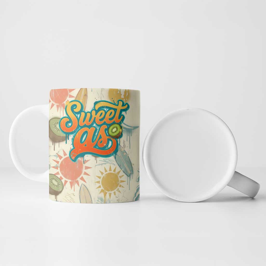 NZ Slang Sweet As Kiwi Shaka Sign Ceramic Mug New Zealand Surfboards Sun and Tropical Beach Retro