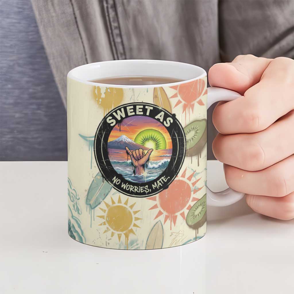 NZ Slang Sweet As Kiwi Shaka Sign Ceramic Mug New Zealand Surfboards Sun and Tropical Beach Retro