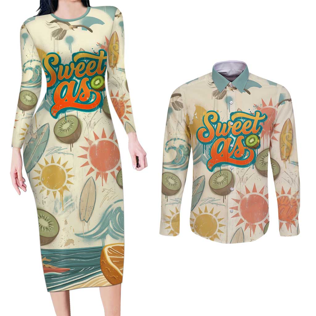 NZ Slang Sweet As Kiwi Shaka Sign Couples Matching Long Sleeve Bodycon Dress and Long Sleeve Button Shirt New Zealand Surfboards Sun and Tropical Beach Retro TS04 Beige - Polynesian Pride