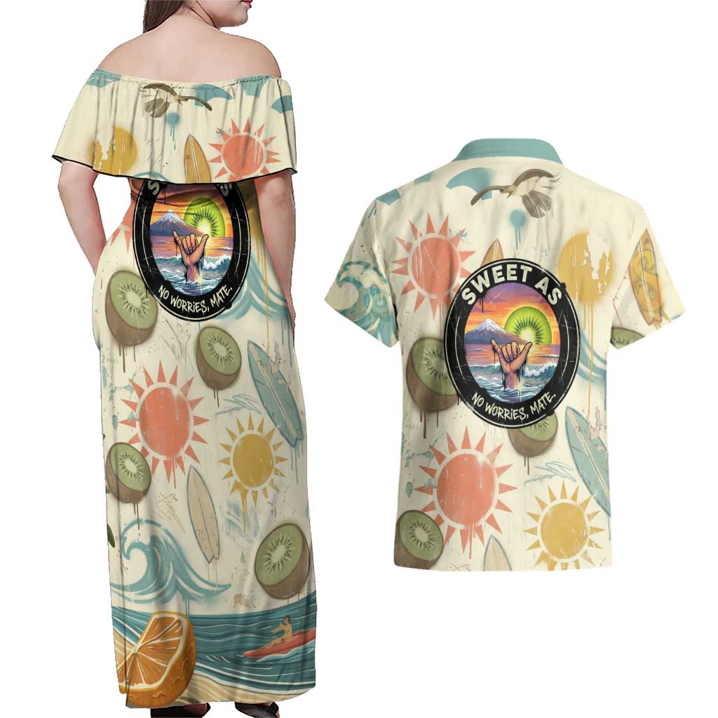 NZ Slang Sweet As Kiwi Shaka Sign Couples Matching Off Shoulder Maxi Dress and Hawaiian Shirt New Zealand Surfboards Sun and Tropical Beach Retro