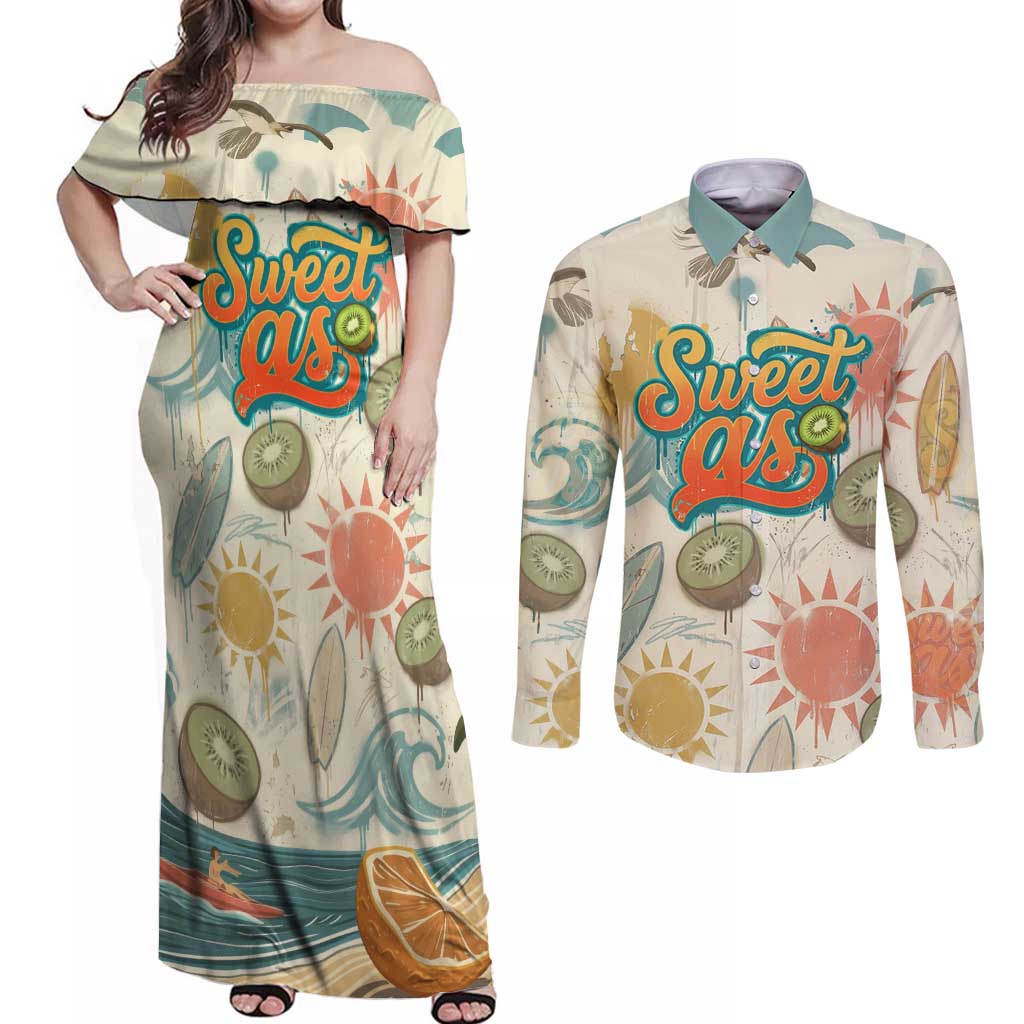 NZ Slang Sweet As Kiwi Shaka Sign Couples Matching Off Shoulder Maxi Dress and Long Sleeve Button Shirt New Zealand Surfboards Sun and Tropical Beach Retro