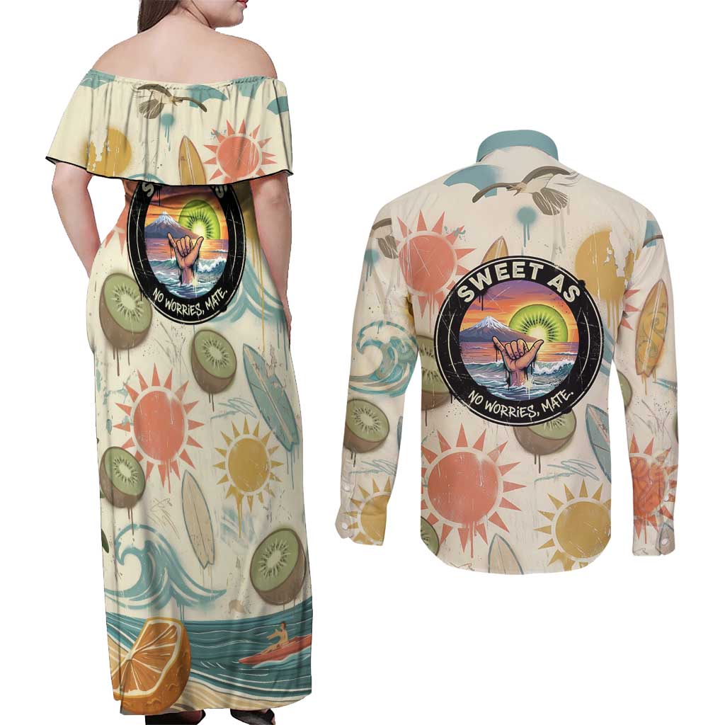 NZ Slang Sweet As Kiwi Shaka Sign Couples Matching Off Shoulder Maxi Dress and Long Sleeve Button Shirt New Zealand Surfboards Sun and Tropical Beach Retro