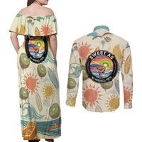 NZ Slang Sweet As Kiwi Shaka Sign Couples Matching Off Shoulder Maxi Dress and Long Sleeve Button Shirt New Zealand Surfboards Sun and Tropical Beach Retro