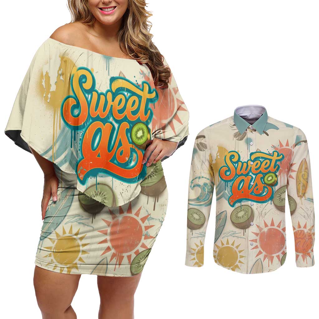NZ Slang Sweet As Kiwi Shaka Sign Couples Matching Off Shoulder Short Dress and Long Sleeve Button Shirt New Zealand Surfboards Sun and Tropical Beach Retro TS04 Beige - Polynesian Pride