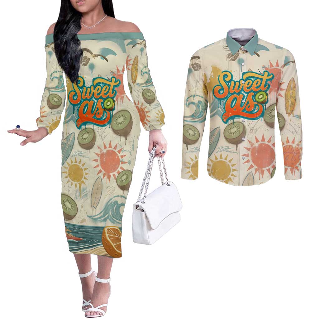 NZ Slang Sweet As Kiwi Shaka Sign Couples Matching Off The Shoulder Long Sleeve Dress and Long Sleeve Button Shirt New Zealand Surfboards Sun and Tropical Beach Retro TS04 Beige - Polynesian Pride