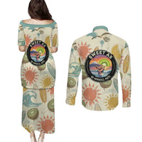 NZ Slang Sweet As Kiwi Shaka Sign Couples Matching Puletasi and Long Sleeve Button Shirt New Zealand Surfboards Sun and Tropical Beach Retro