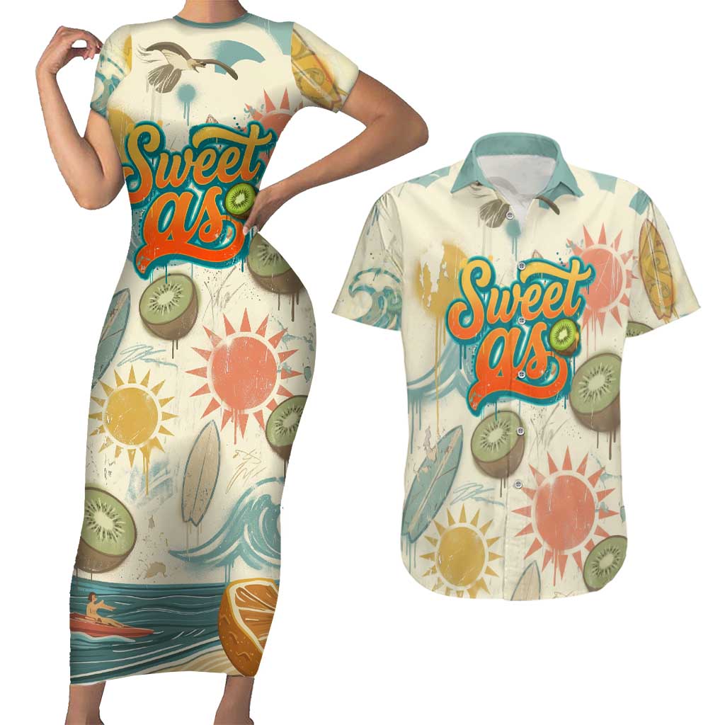 NZ Slang Sweet As Kiwi Shaka Sign Couples Matching Short Sleeve Bodycon Dress and Hawaiian Shirt New Zealand Surfboards Sun and Tropical Beach Retro TS04 Beige - Polynesian Pride