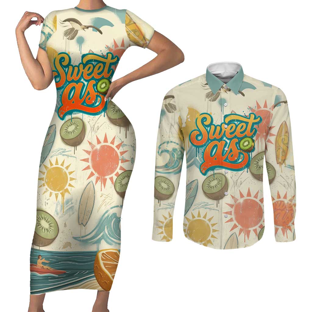 NZ Slang Sweet As Kiwi Shaka Sign Couples Matching Short Sleeve Bodycon Dress and Long Sleeve Button Shirt New Zealand Surfboards Sun and Tropical Beach Retro