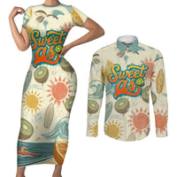 NZ Slang Sweet As Kiwi Shaka Sign Couples Matching Short Sleeve Bodycon Dress and Long Sleeve Button Shirt New Zealand Surfboards Sun and Tropical Beach Retro
